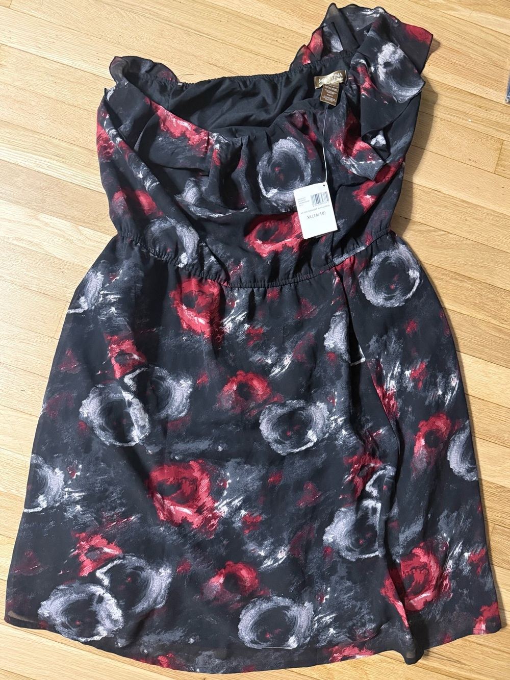 Miss Tina Black Floral Brushstroke Dress with Red & Gray Accents